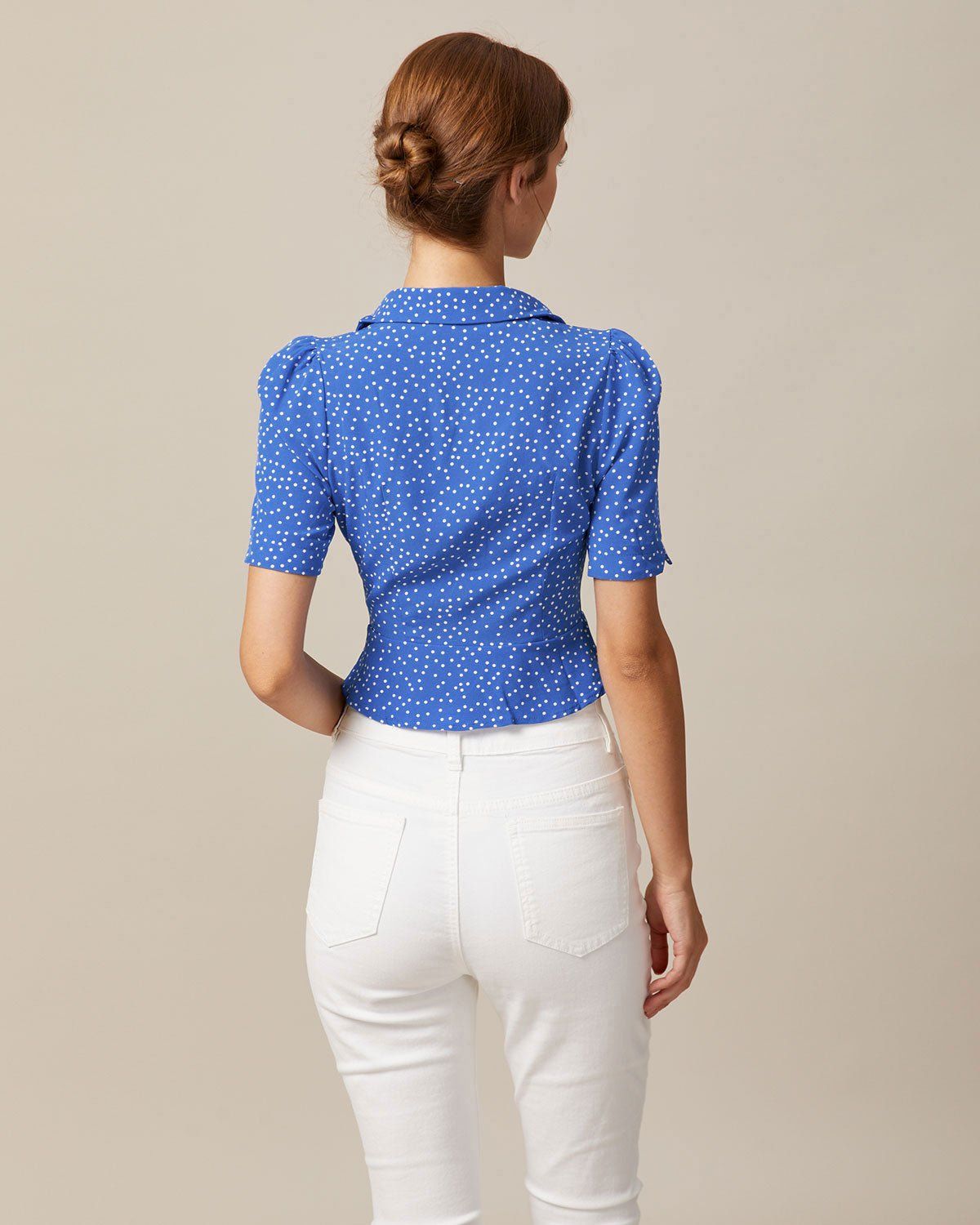 The Blue Lapel Polka Dot Puff Sleeve Blouse sold by rihoas product image thumbnail 5
