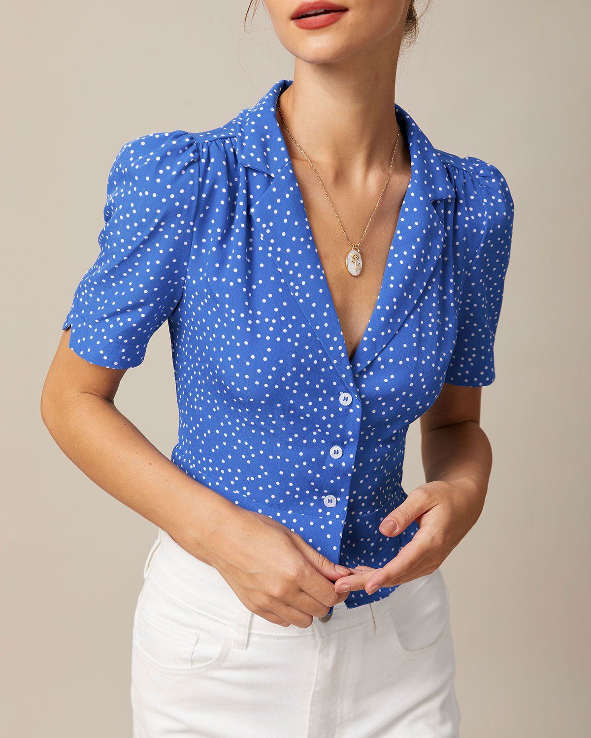 The Blue Lapel Polka Dot Puff Sleeve Blouse sold by rihoas product image thumbnail 4