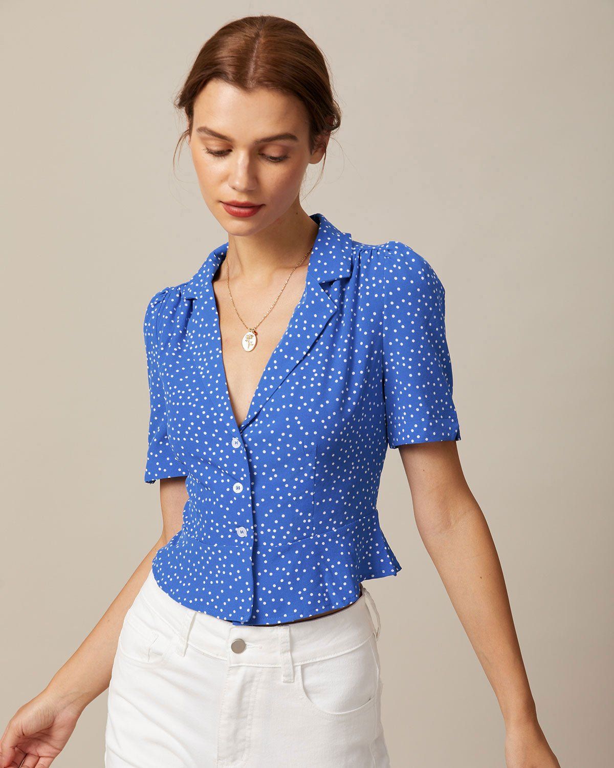 The Blue Lapel Polka Dot Puff Sleeve Blouse sold by rihoas product image thumbnail 3