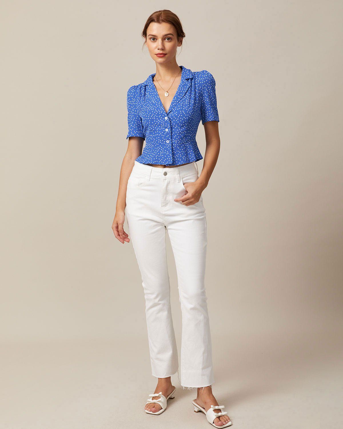 The Blue Lapel Polka Dot Puff Sleeve Blouse sold by rihoas product image thumbnail 2