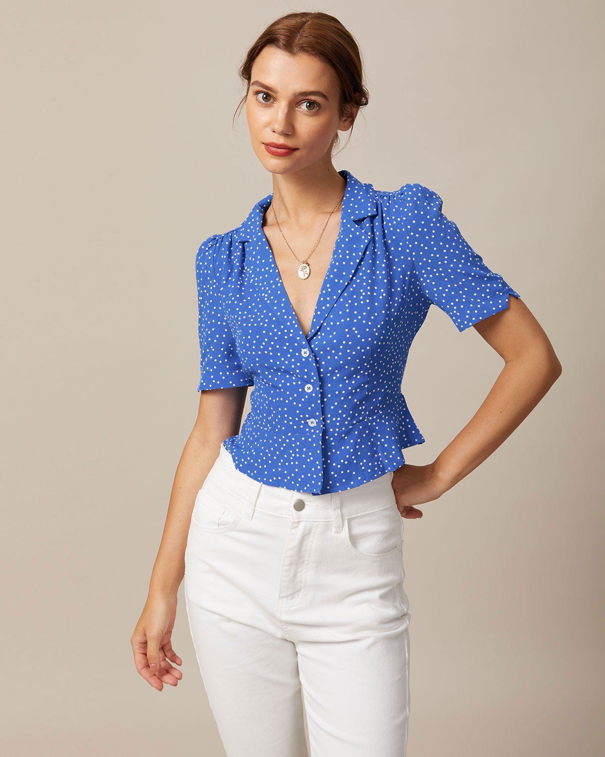 The Blue Lapel Polka Dot Puff Sleeve Blouse sold by rihoas