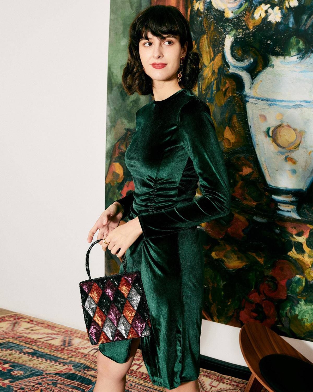 The Green Elegant Ruched Velvet Dress sold by rihoas product image thumbnail 3