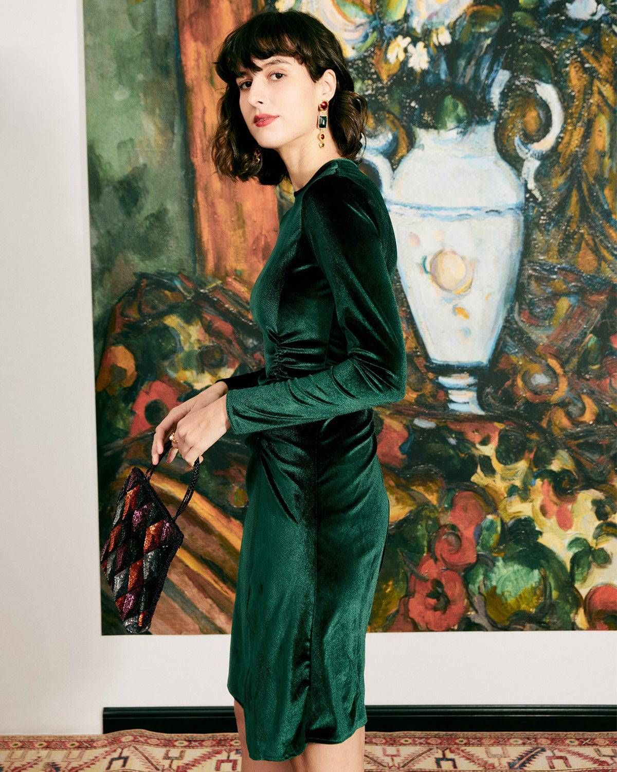 The Green Elegant Ruched Velvet Dress sold by rihoas product image thumbnail 5