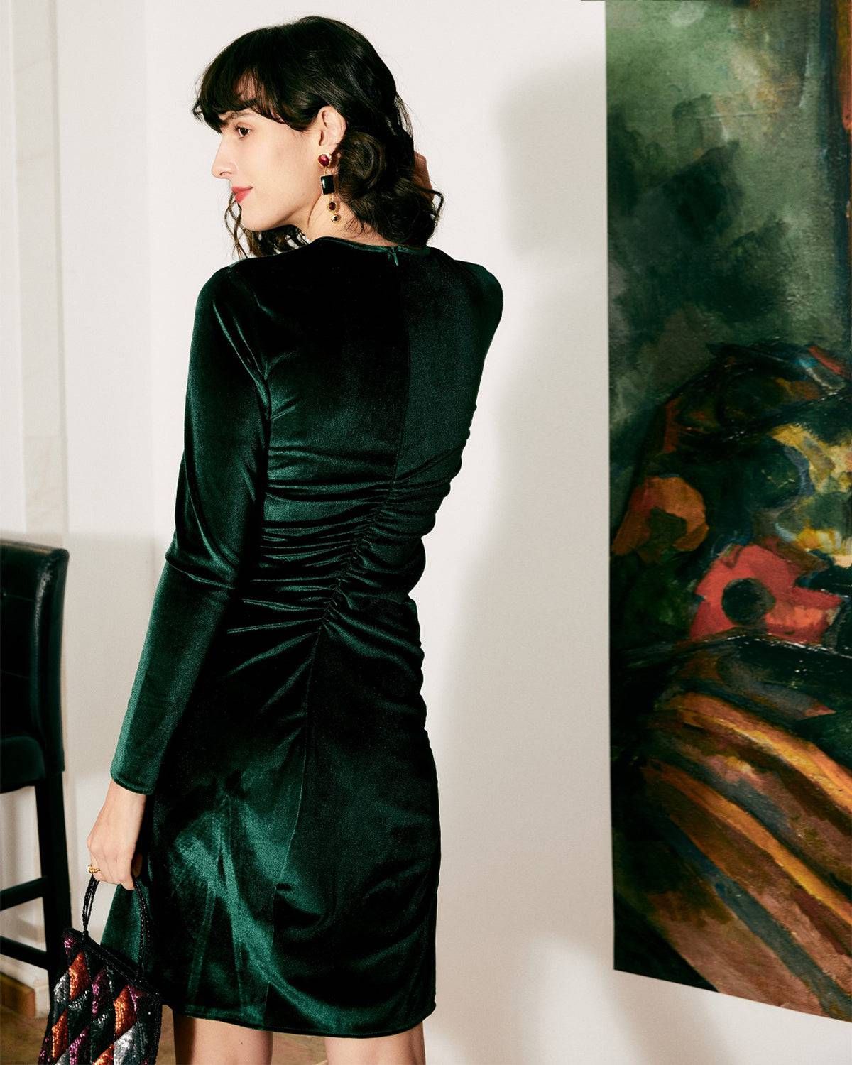 The Green Elegant Ruched Velvet Dress sold by rihoas product image thumbnail 4