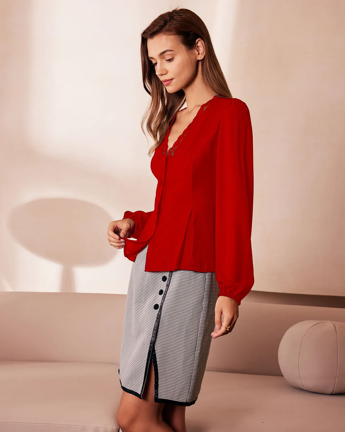 The Red V Neck Lace Trim Button Blouse sold by rihoas product image thumbnail 2