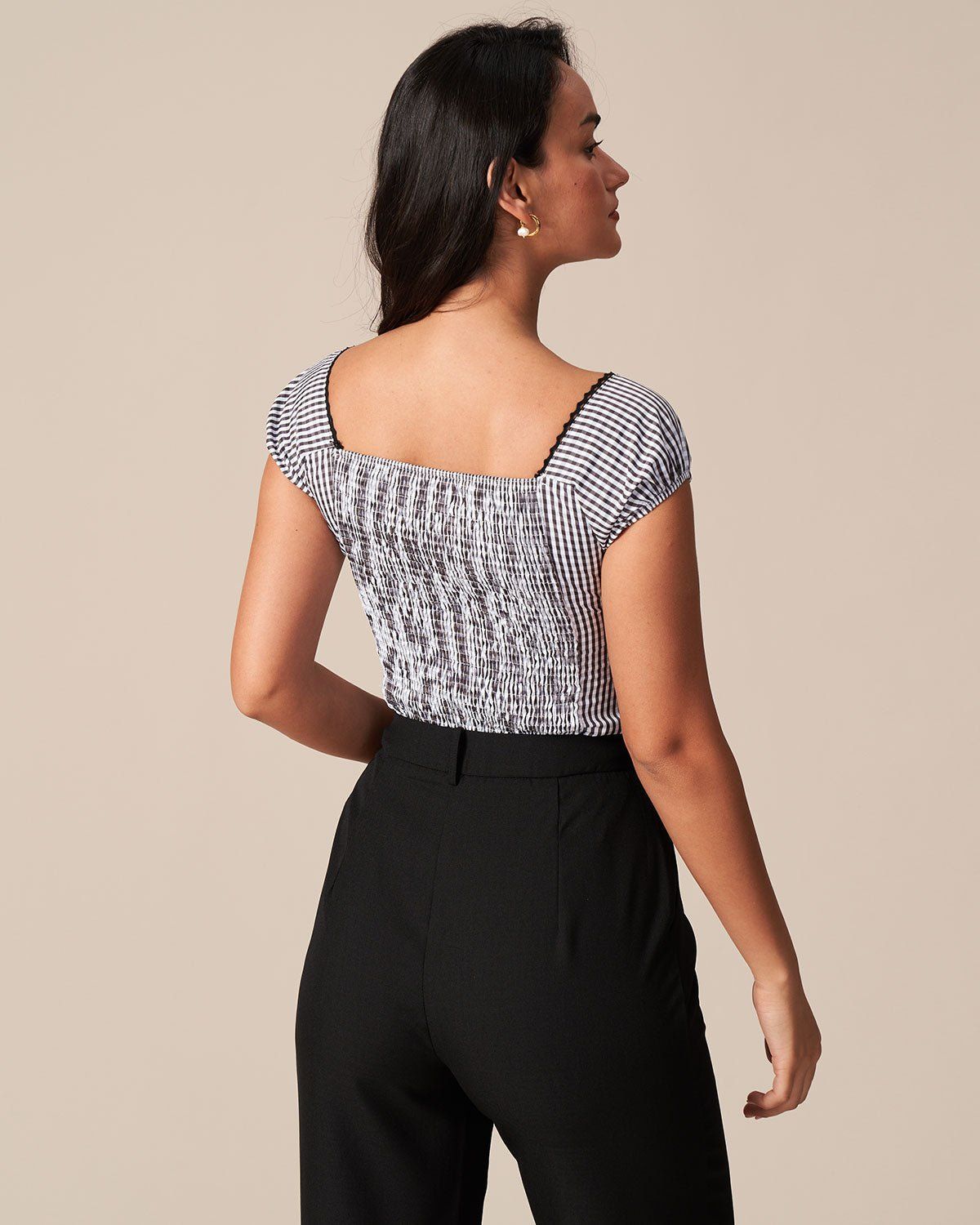 The Black Round Neck Plaid Lace Trim Blouse sold by rihoas product image thumbnail 5