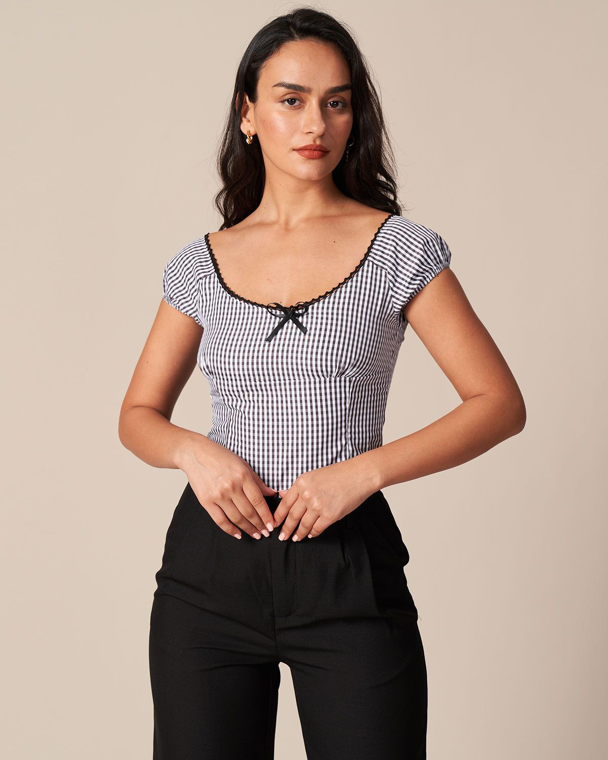 The Black Round Neck Plaid Lace Trim Blouse sold by rihoas product image thumbnail 4