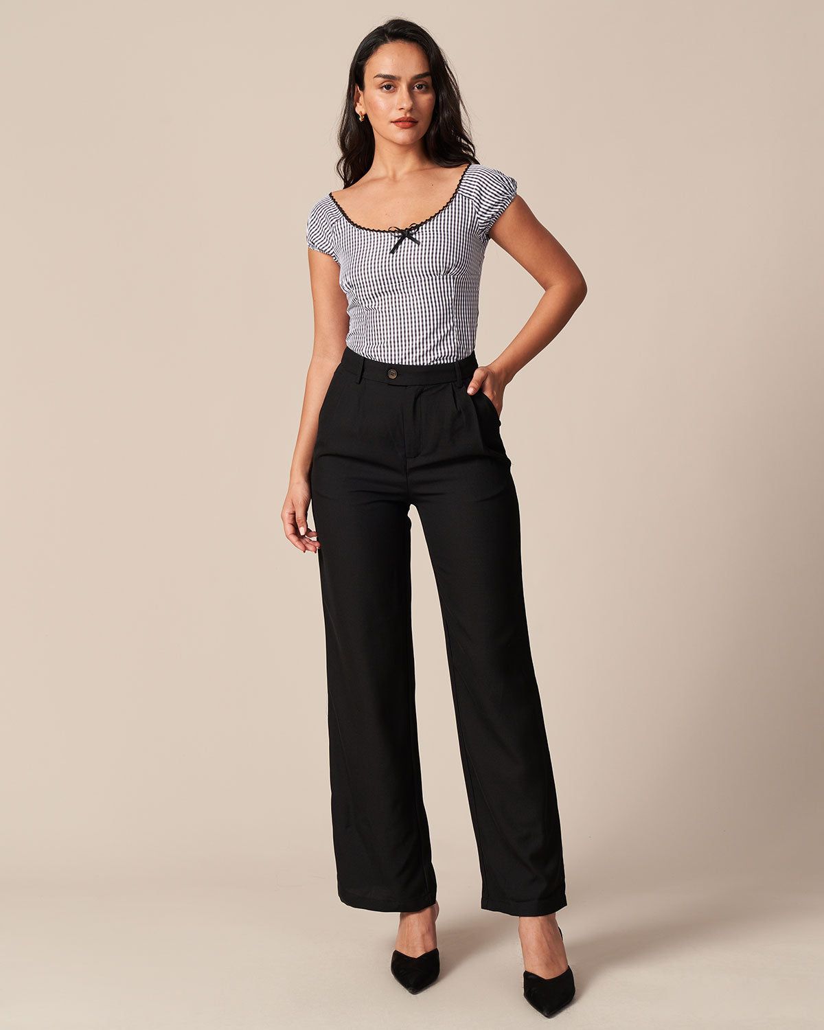 The Black Round Neck Plaid Lace Trim Blouse sold by rihoas product image thumbnail 2