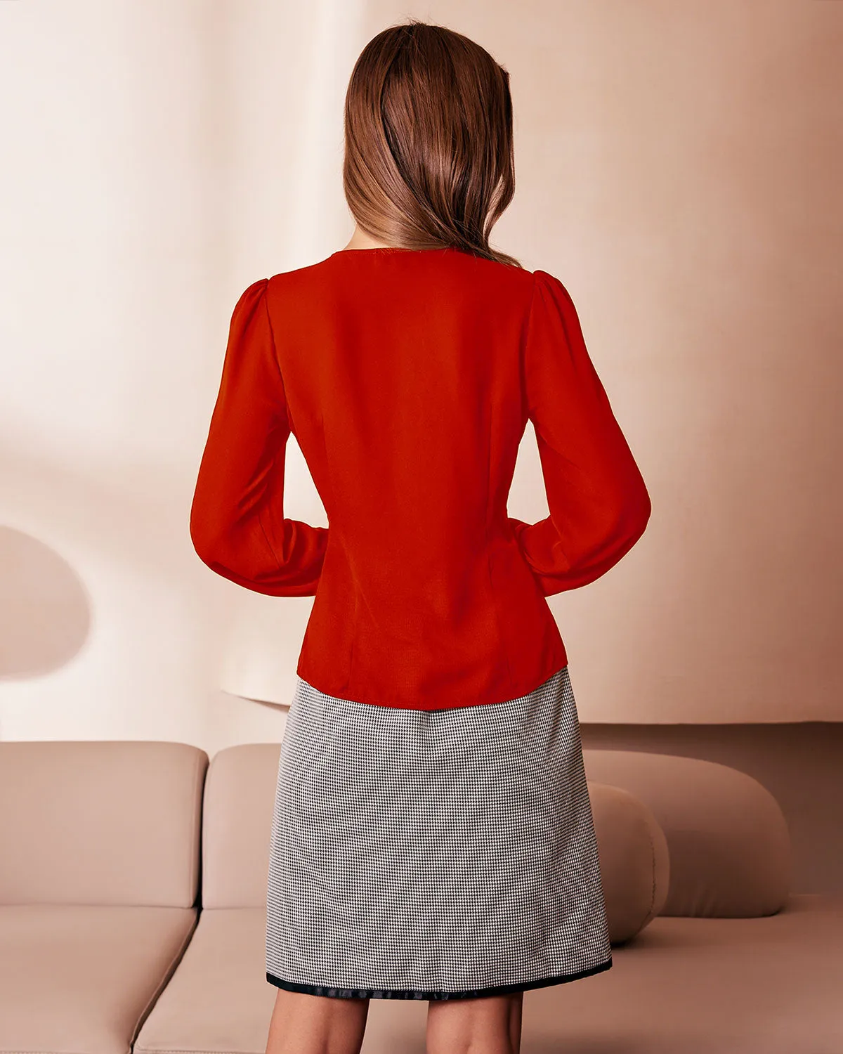 The Red V Neck Lace Trim Button Blouse sold by rihoas product image thumbnail 3