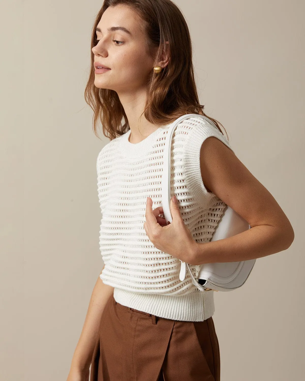 The Beige Sleeveless Pointelle Ribbed Knit Vest sold by rihoas product image thumbnail 4