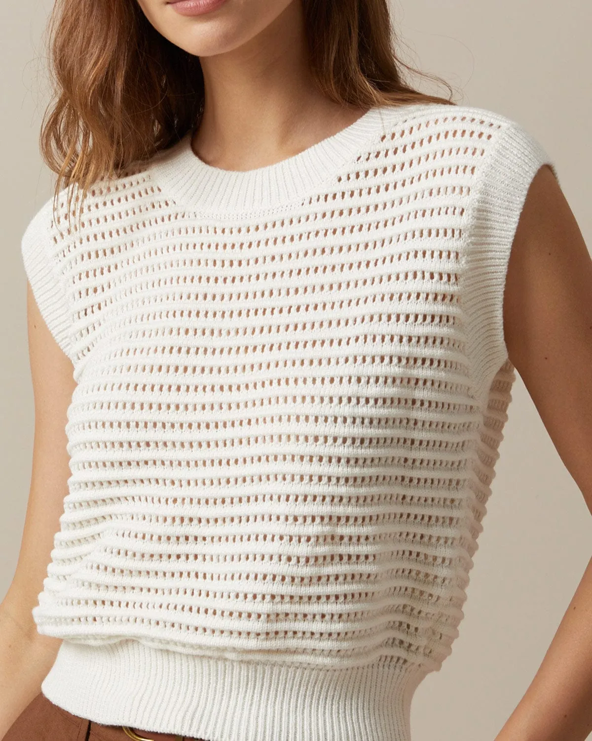 The Beige Sleeveless Pointelle Ribbed Knit Vest sold by rihoas product image thumbnail 2