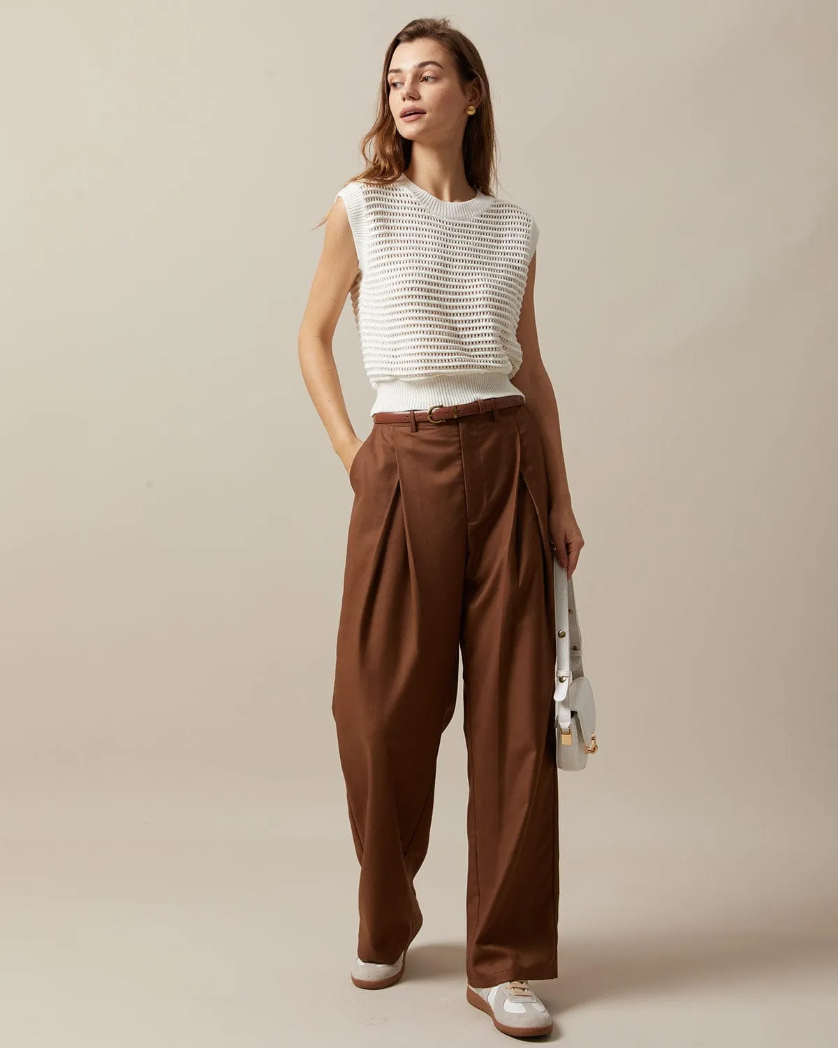 The Beige Sleeveless Pointelle Ribbed Knit Vest sold by rihoas product image thumbnail 5