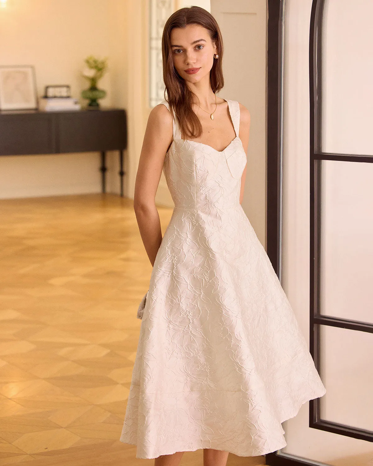 The White Sweetheart Neck Jacquard Midi Dress sold by rihoas product image thumbnail 3