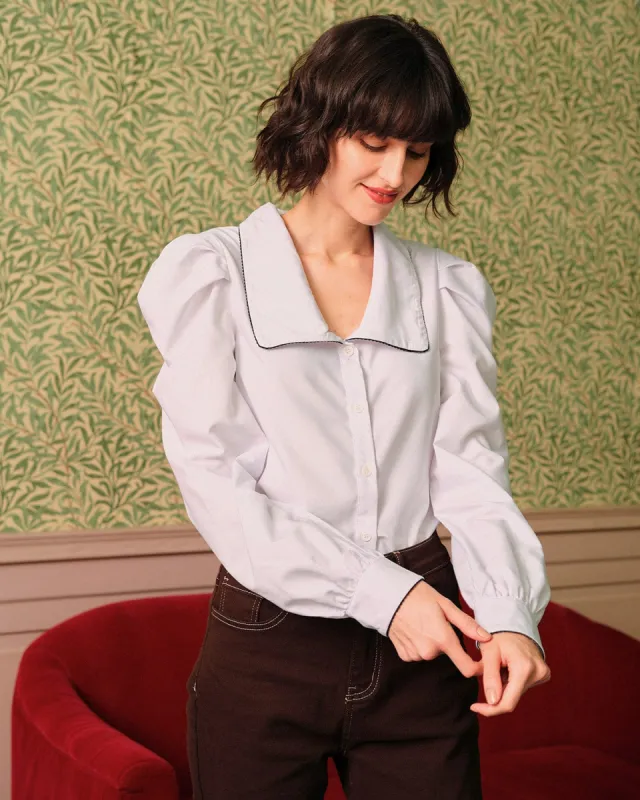 The Solid Ruched Sleeve Collared Blouse sold by rihoas