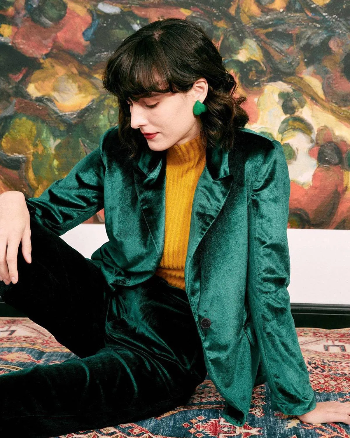 The Casual One Button Green Velvet Blazer sold by rihoas product image thumbnail 3