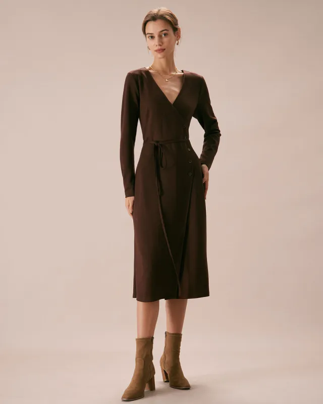 The Coffee V Neck Button Wrap Midi Dress made by rihoas