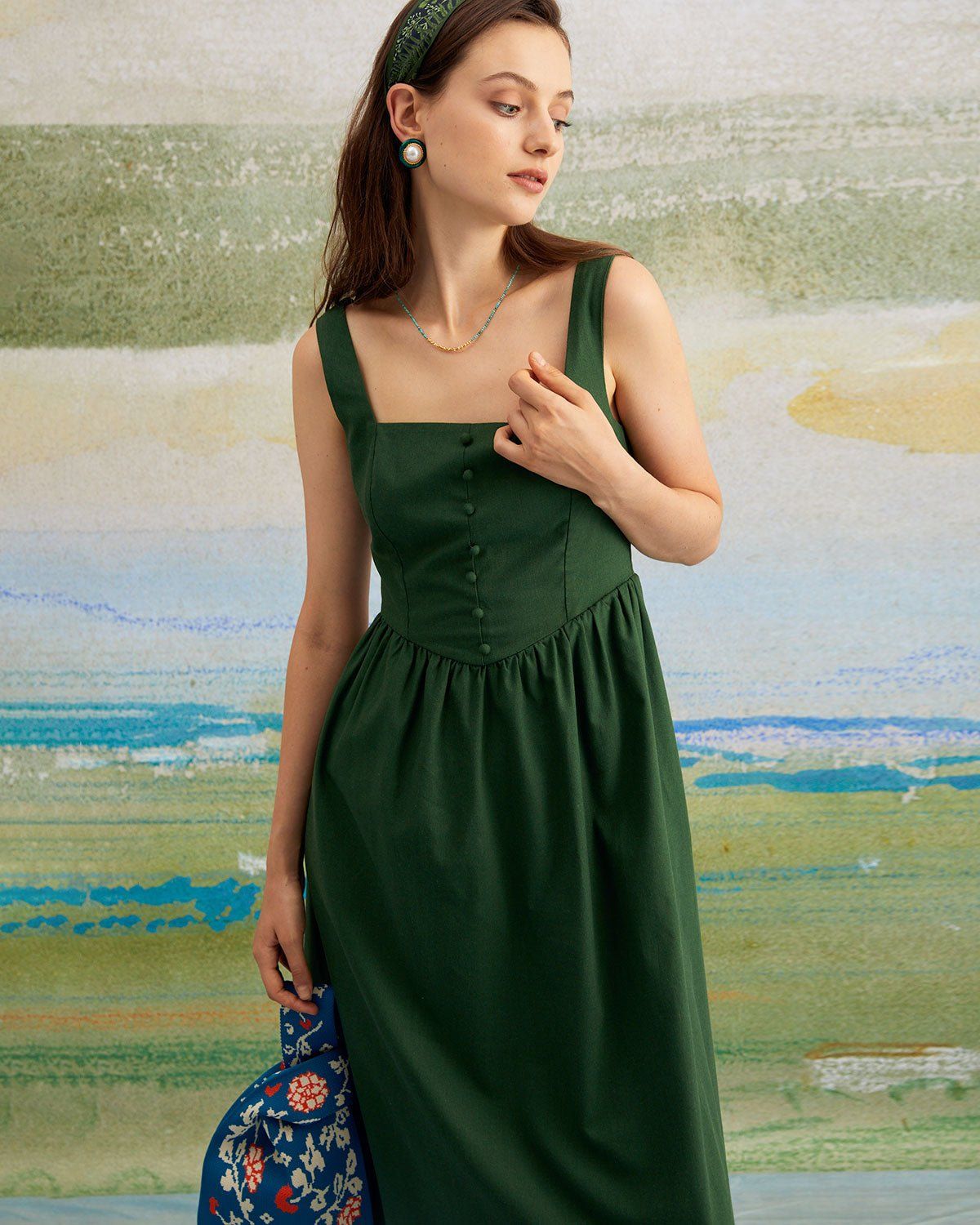 The Green Square Neck A-Line Midi Dress sold by rihoas product image thumbnail 3