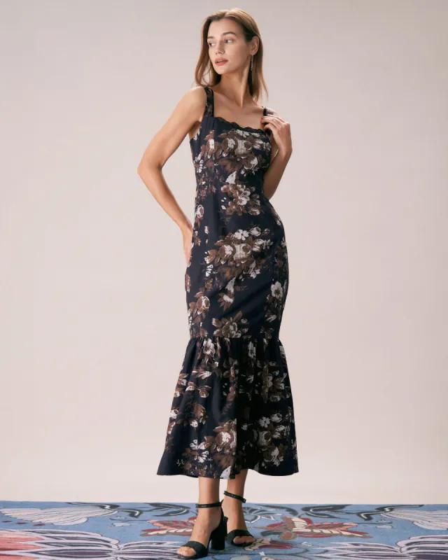 The Black Lace Trim Floral Mermaid Maxi Dress sold by rihoas
