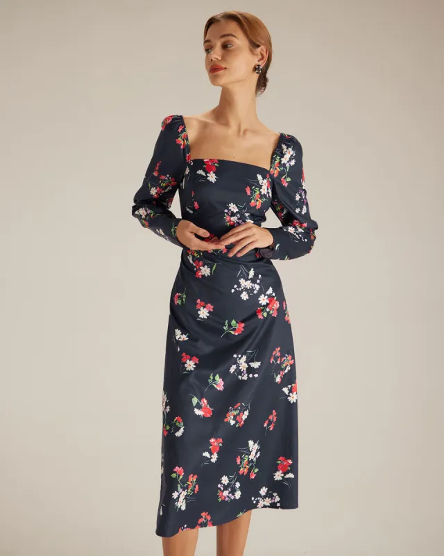 The Navy Square Neck Floral Shirred Midi Dress made by rihoas