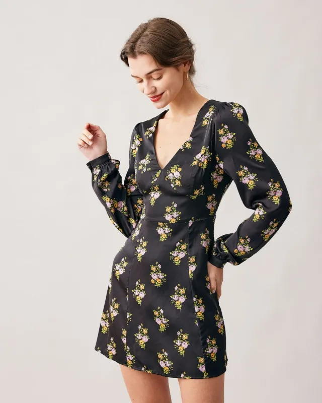 The Black V Neck Satin Long Sleeve Mini Dress sold by rihoas