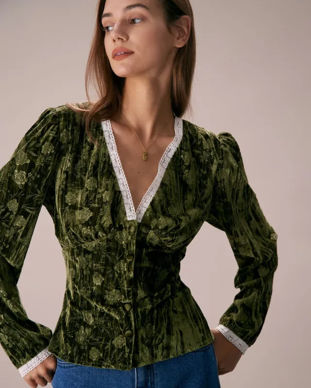 The Green V Neck Lace Floral Velvet Blouse sold by rihoas