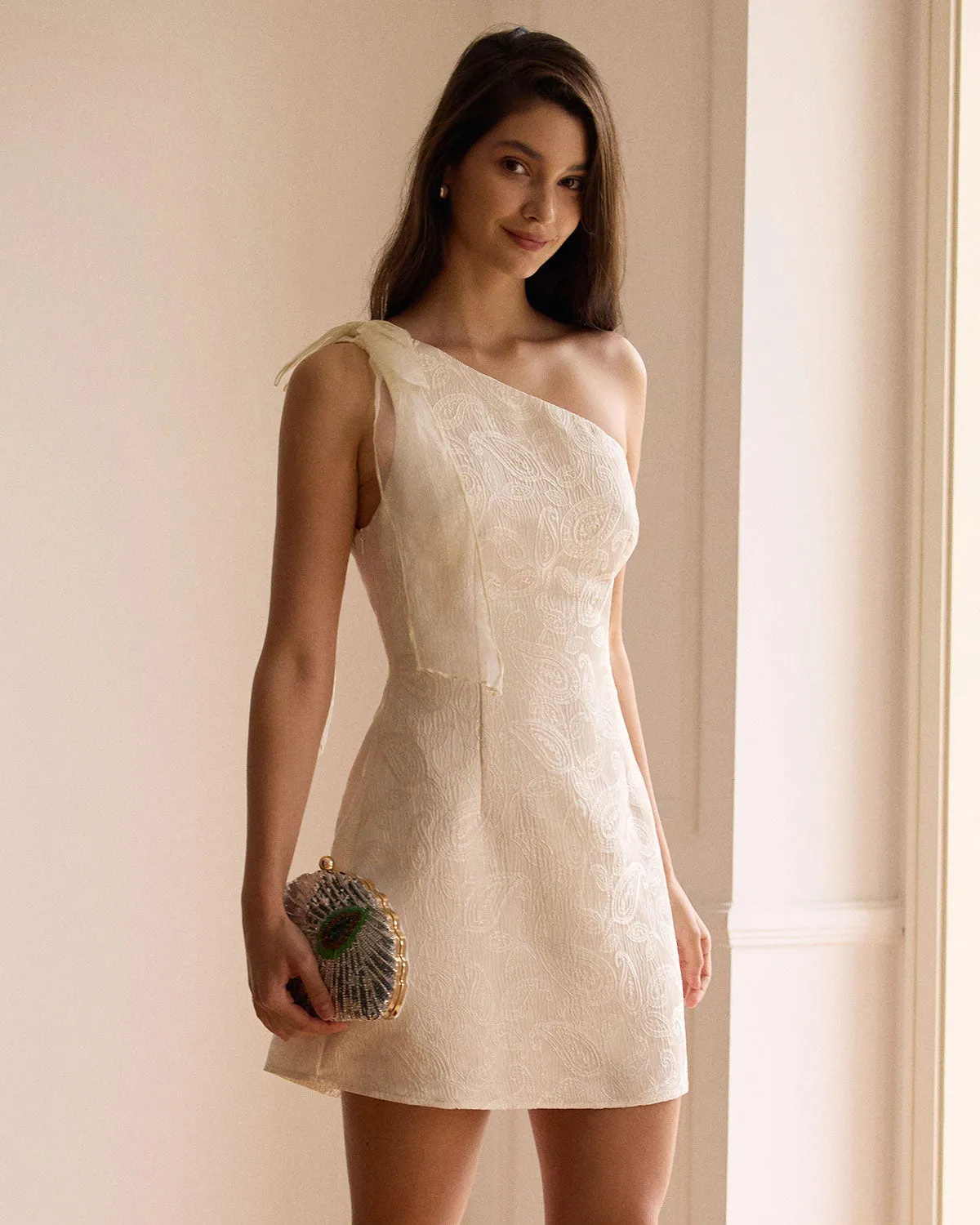 The Beige One-Shoulder Jacquard Mini Dress sold by rihoas product image thumbnail 4