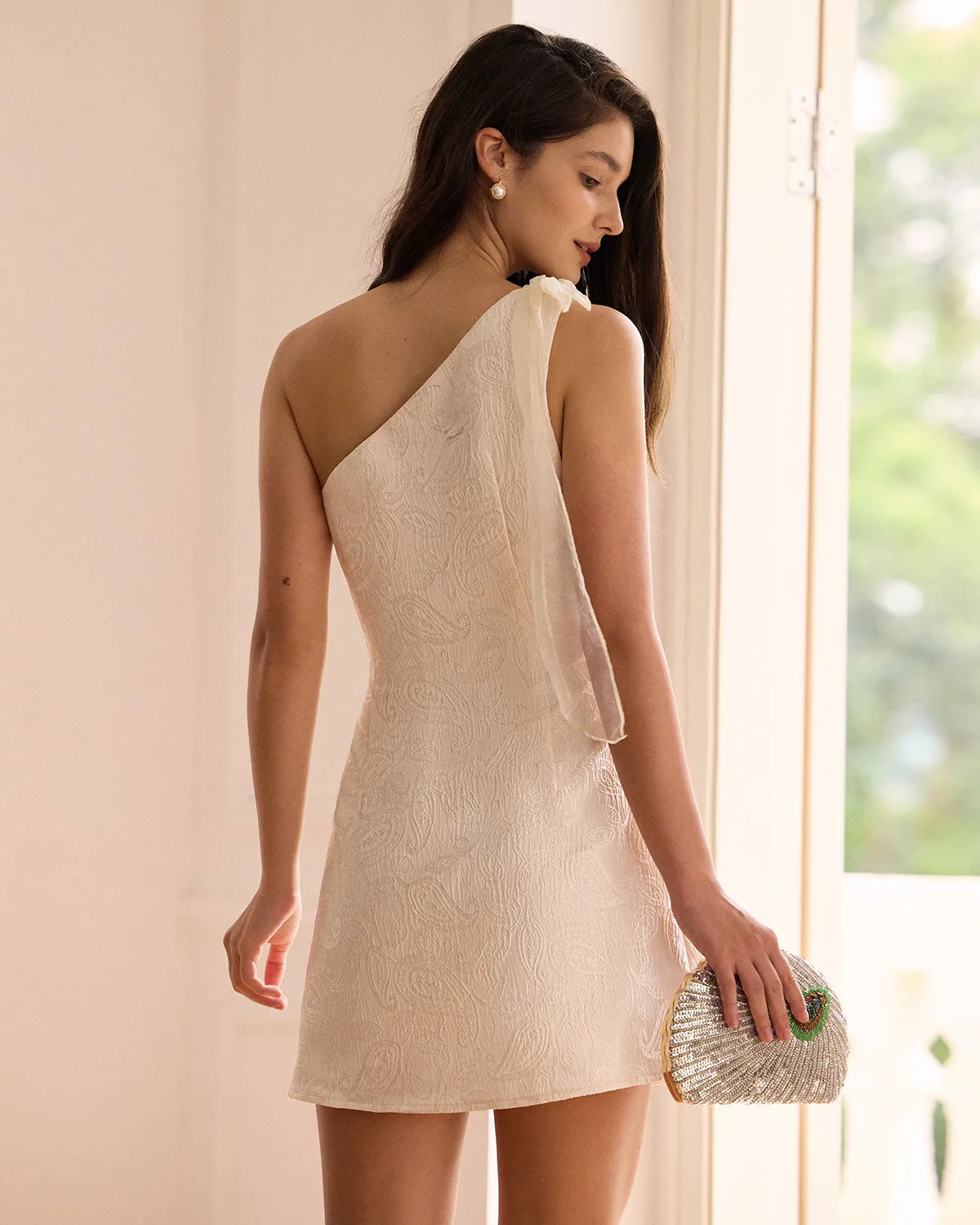 The Beige One-Shoulder Jacquard Mini Dress sold by rihoas product image thumbnail 5