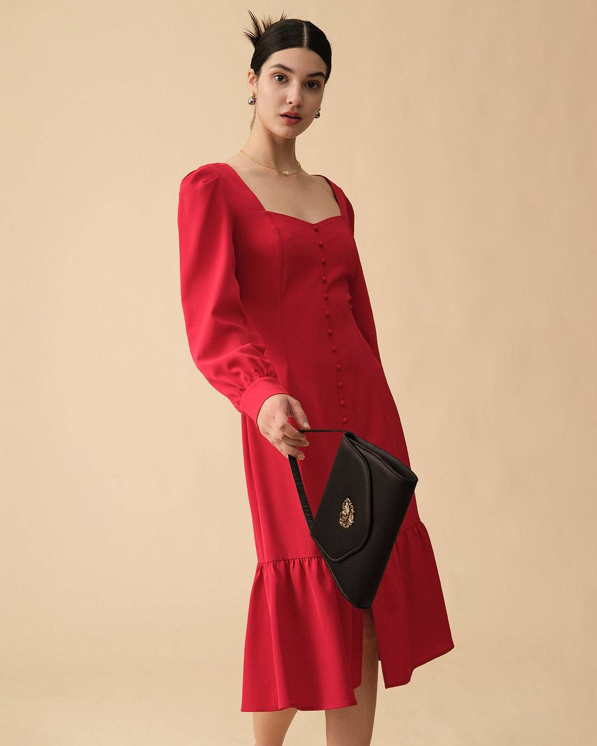 The Ruffle Hem Long Sleeve Midi Dress sold by rihoas product image thumbnail 5
