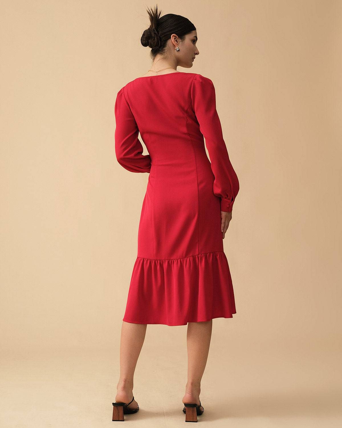 The Ruffle Hem Long Sleeve Midi Dress sold by rihoas product image thumbnail 4