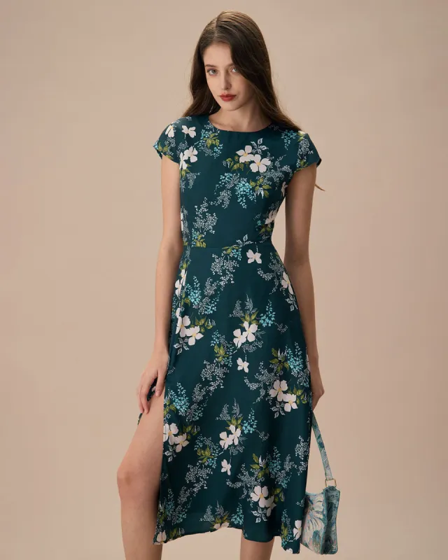 The Green Round Neck Cutout Floral Midi Dress sold by rihoas