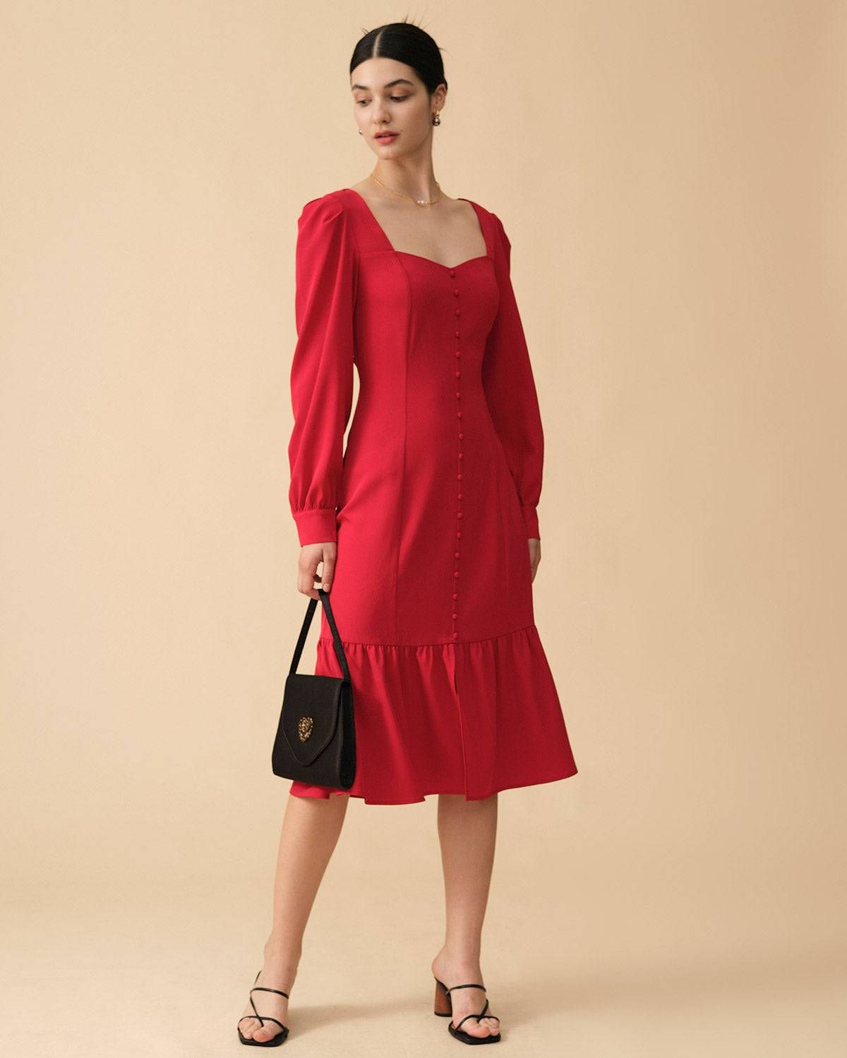 The Ruffle Hem Long Sleeve Midi Dress sold by rihoas product image thumbnail 3