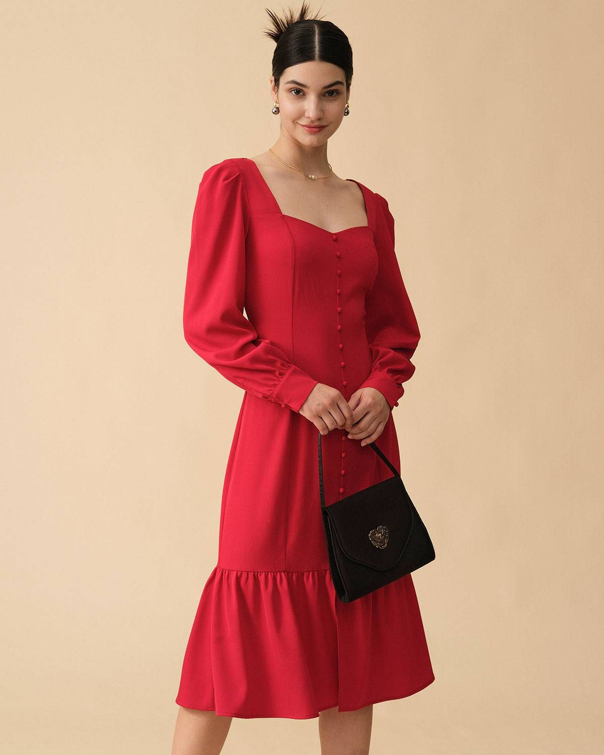 The Ruffle Hem Long Sleeve Midi Dress sold by rihoas