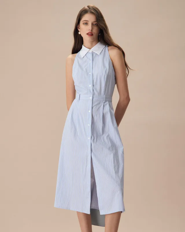 The Blue Lapel Button-Up Striped Midi Dress sold by rihoas