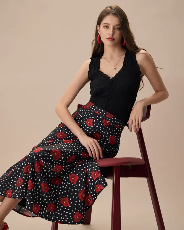 The Black High-Waisted Floral Pocket Midi Skirt sold by rihoas