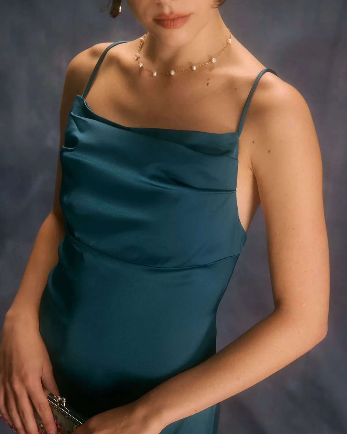 The Navy Square Neck Satin Slip Maxi Dress sold by rihoas product image thumbnail 4