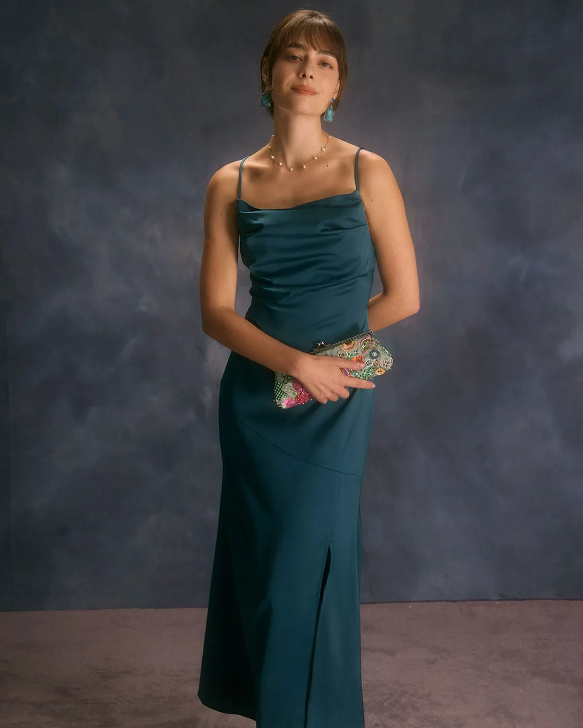 The Navy Square Neck Satin Slip Maxi Dress sold by rihoas product image thumbnail 5
