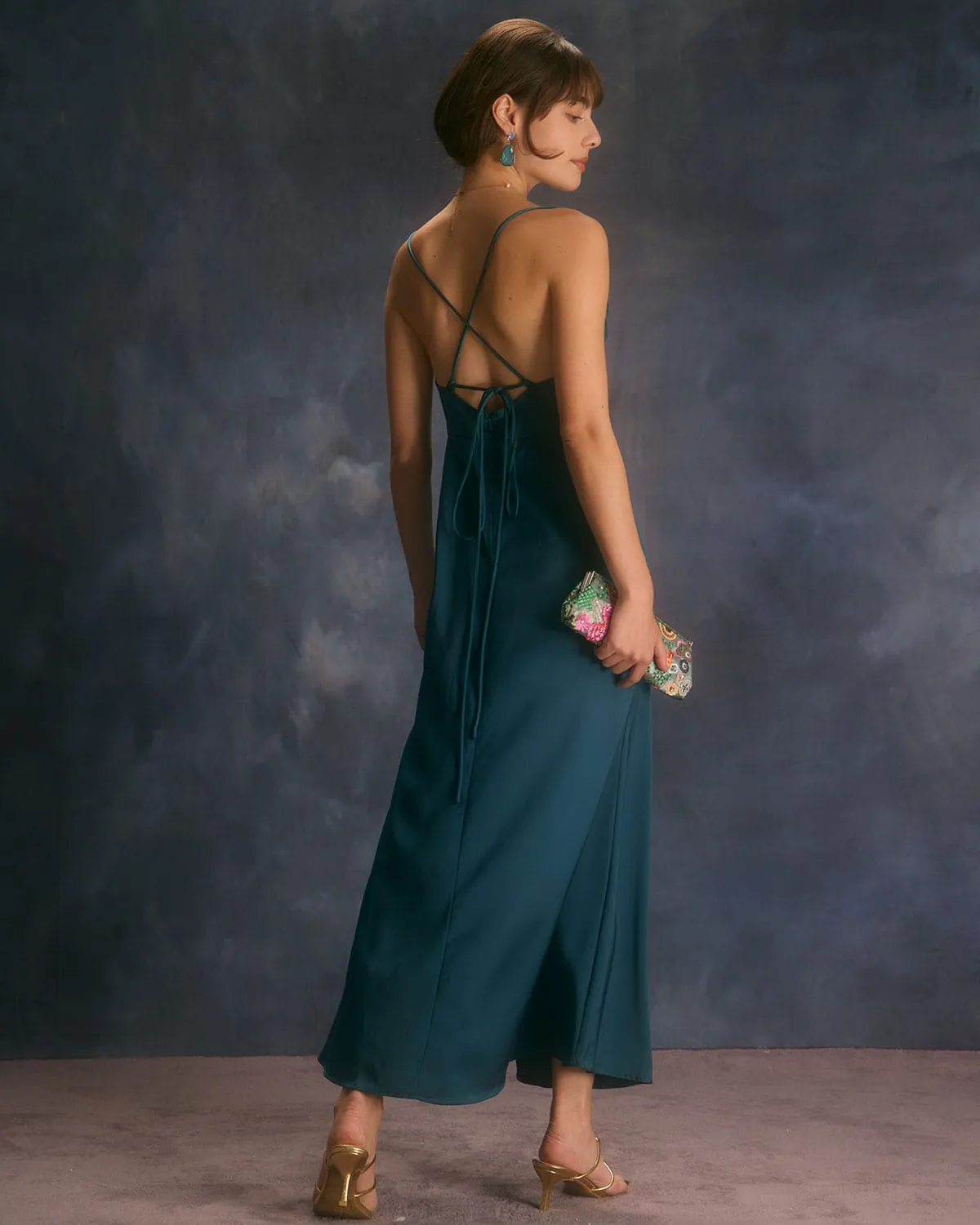 The Navy Square Neck Satin Slip Maxi Dress sold by rihoas product image thumbnail 2