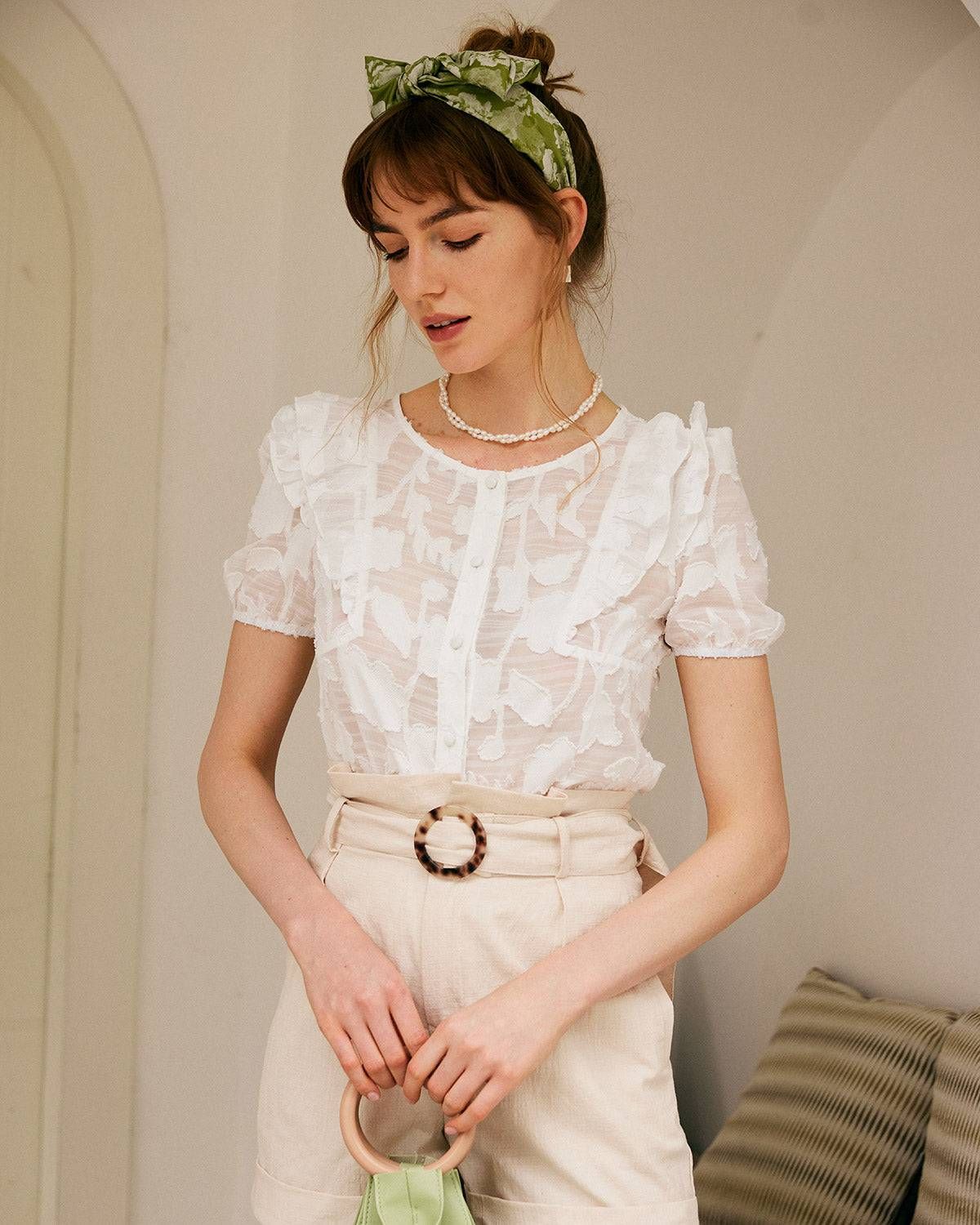 The See-through Jacquard Ruffle Blouse sold by rihoas