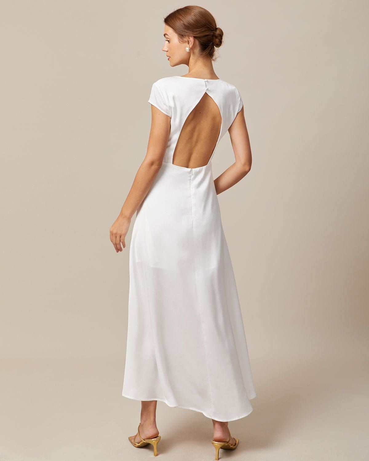 The White V Neck Cut Out Satin Maxi Dress sold by rihoas product image thumbnail 5