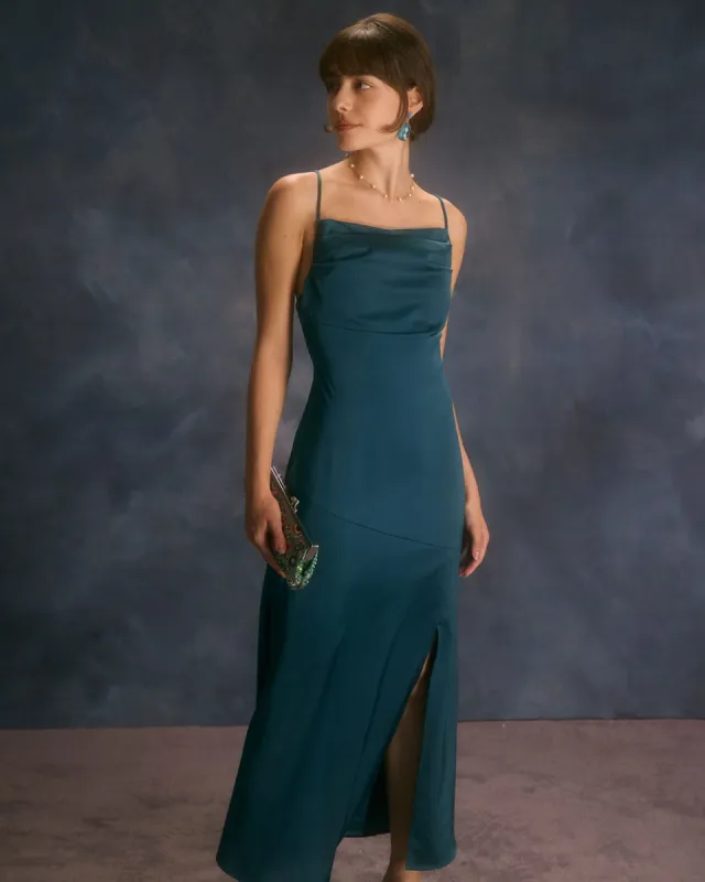 The Navy Square Neck Satin Slip Maxi Dress sold by rihoas