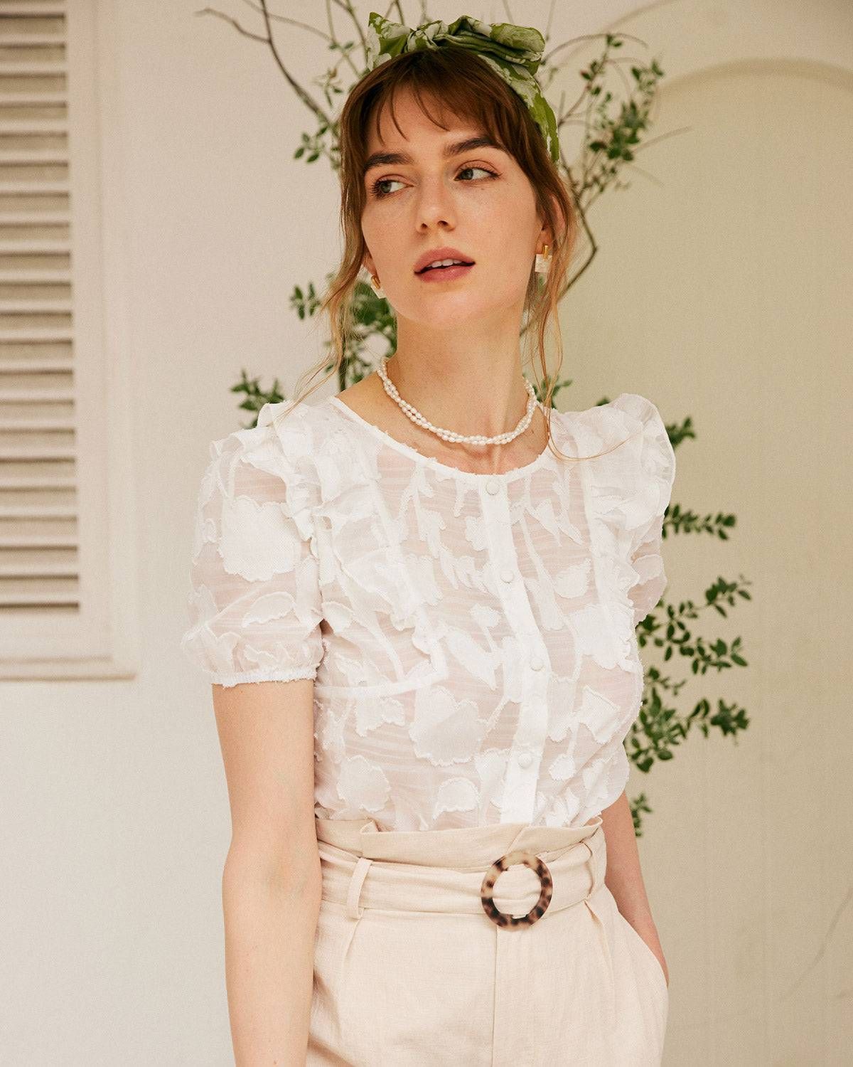 The See-through Jacquard Ruffle Blouse sold by rihoas product image thumbnail 2