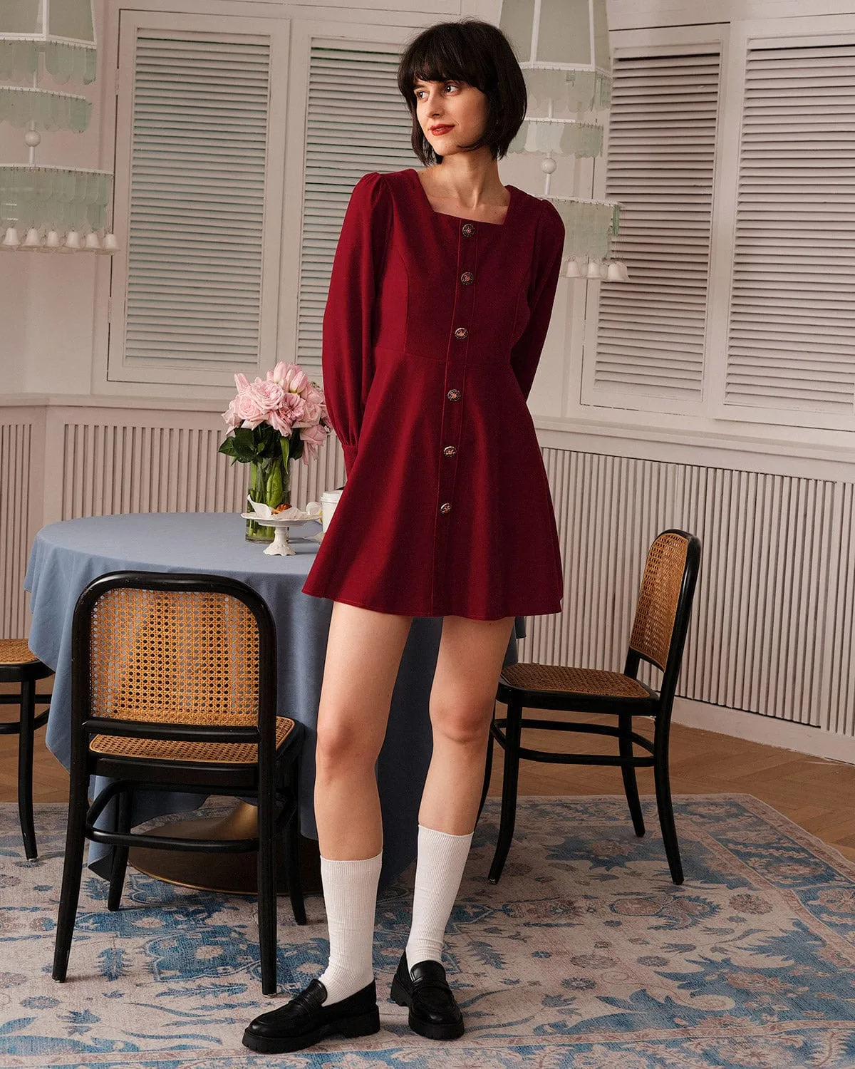 The Solid Square Neck Velvet Mini Dress sold by rihoas product image thumbnail 4
