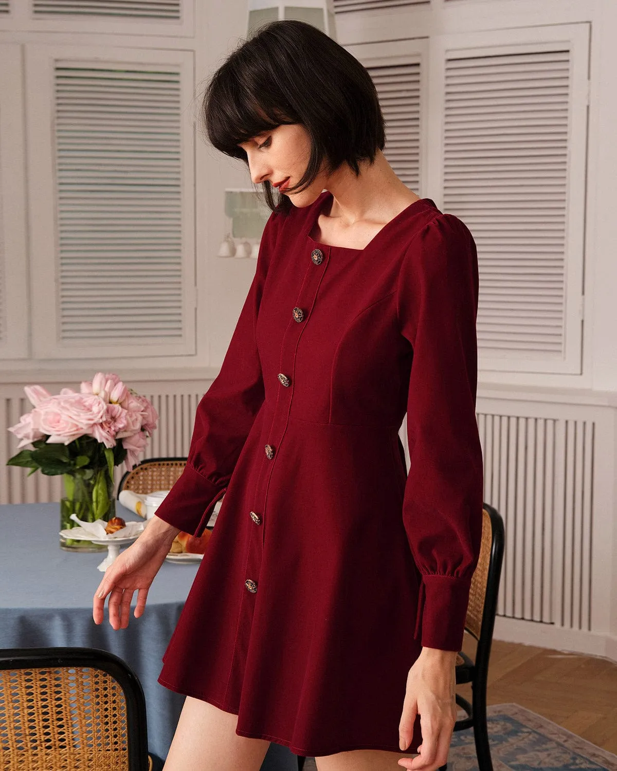 The Solid Square Neck Velvet Mini Dress sold by rihoas product image thumbnail 3