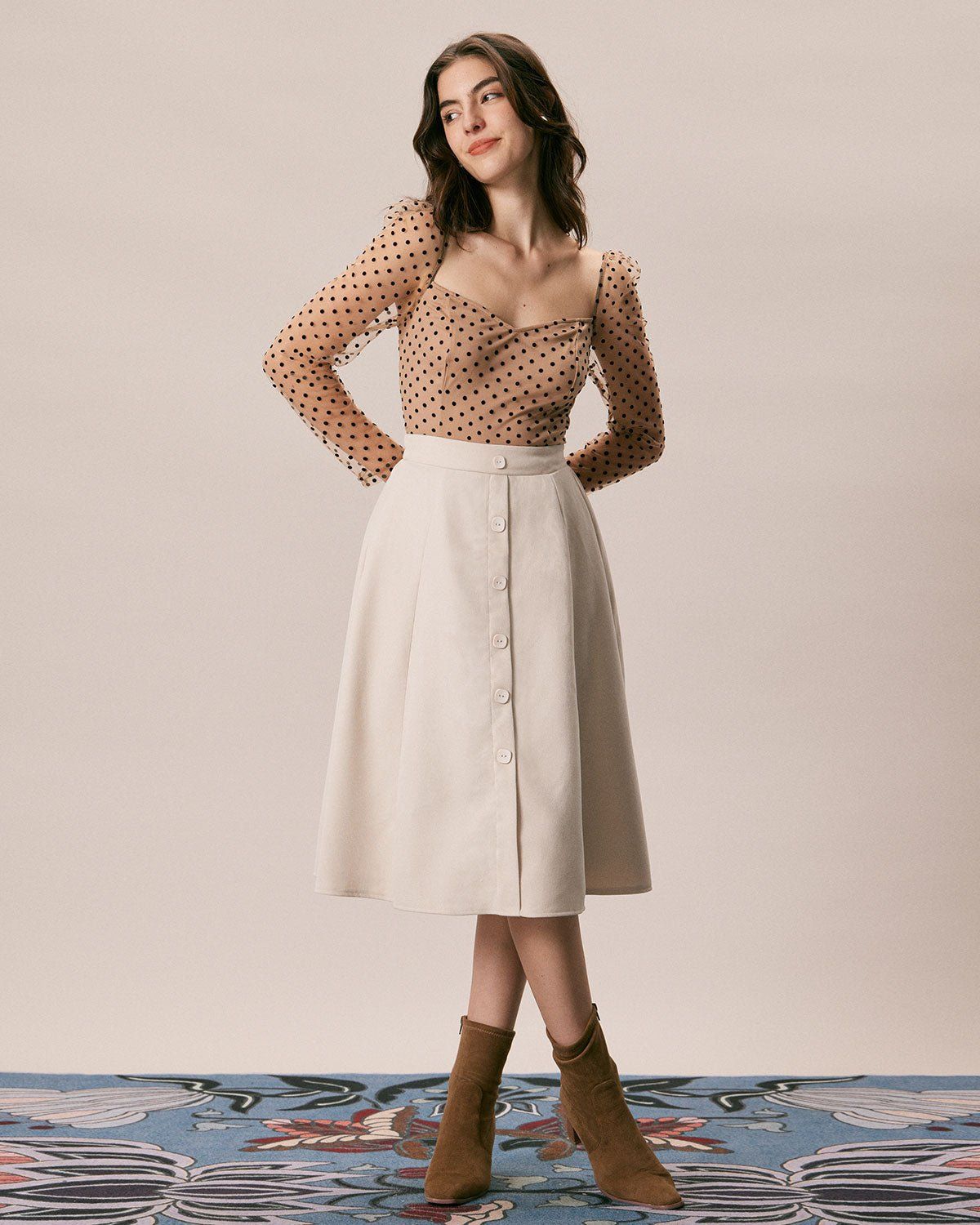 The Beige High Waisted Button Midi Skirt sold by rihoas product image thumbnail 4