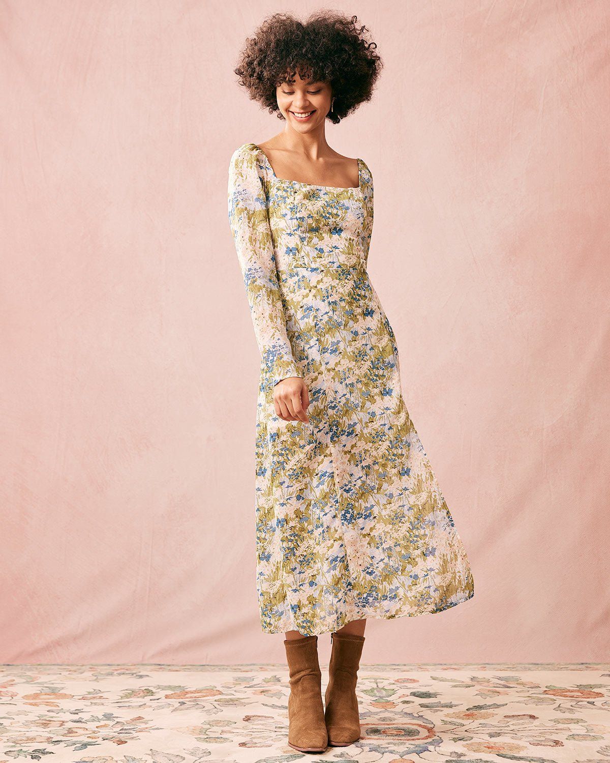 The Green Square Neck Floral Long Sleeve Midi Dress sold by rihoas product image thumbnail 4
