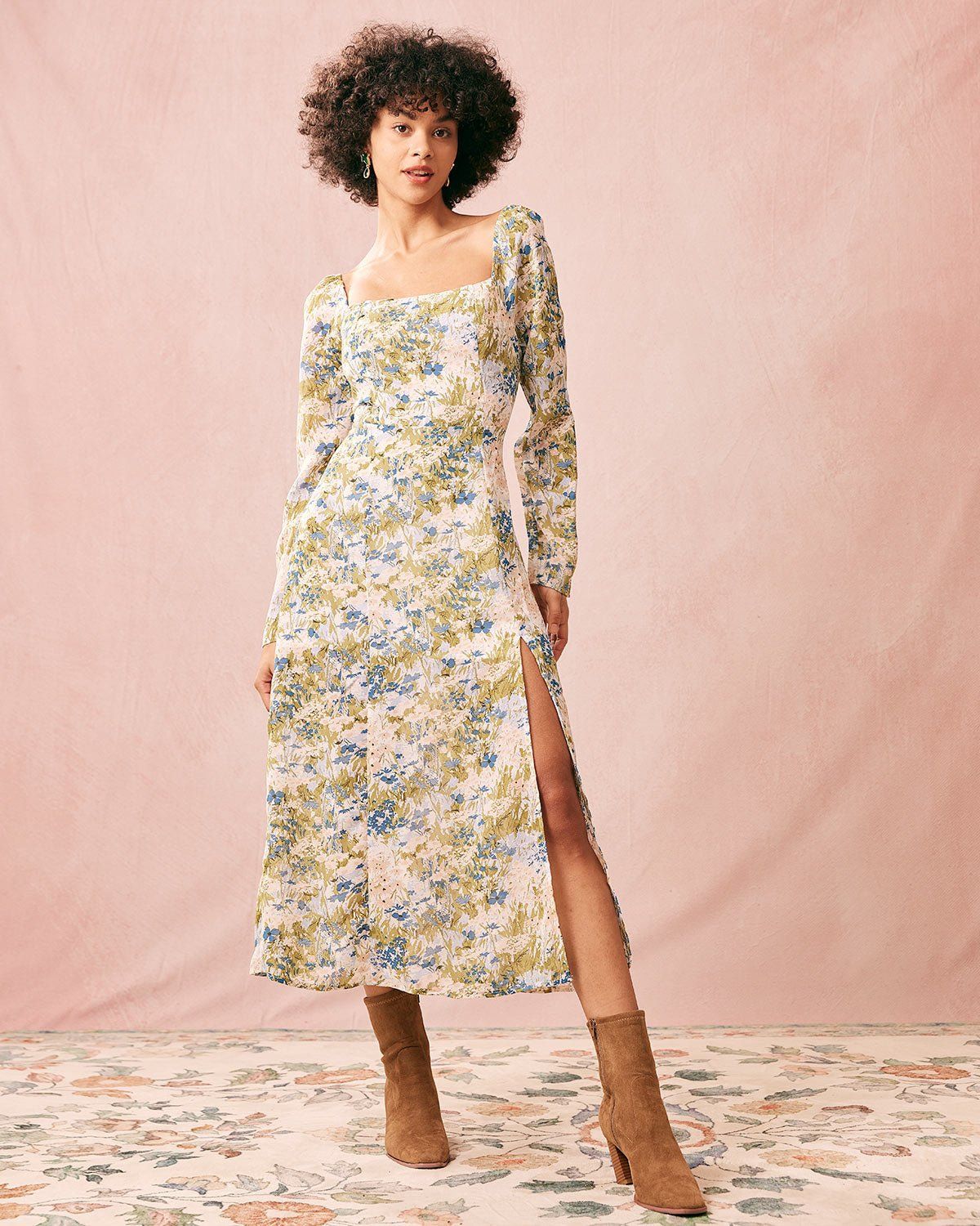 The Green Square Neck Floral Long Sleeve Midi Dress sold by rihoas