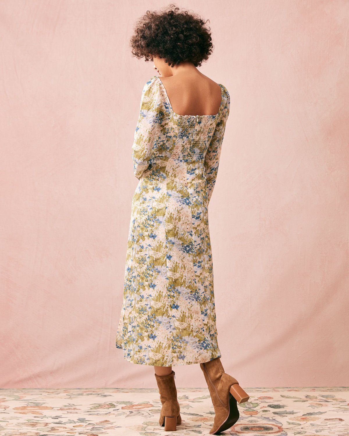 The Green Square Neck Floral Long Sleeve Midi Dress sold by rihoas product image thumbnail 5