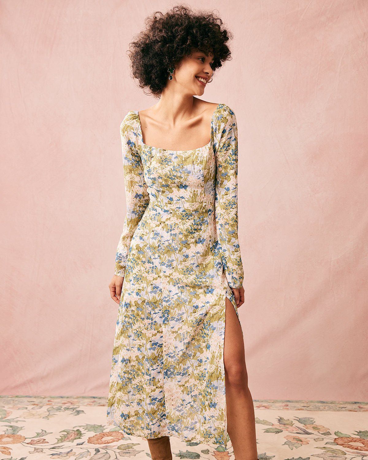 The Green Square Neck Floral Long Sleeve Midi Dress sold by rihoas product image thumbnail 3