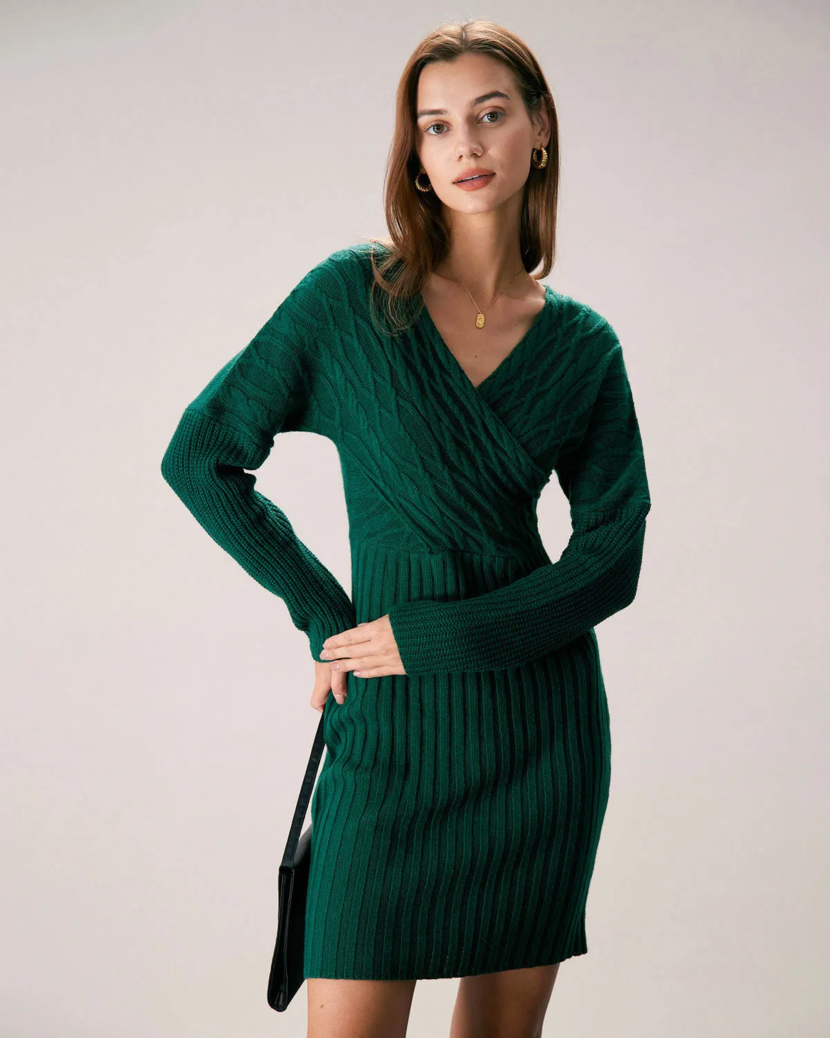 The Green V Neck Wrap Sweater Mini Dress sold by rihoas