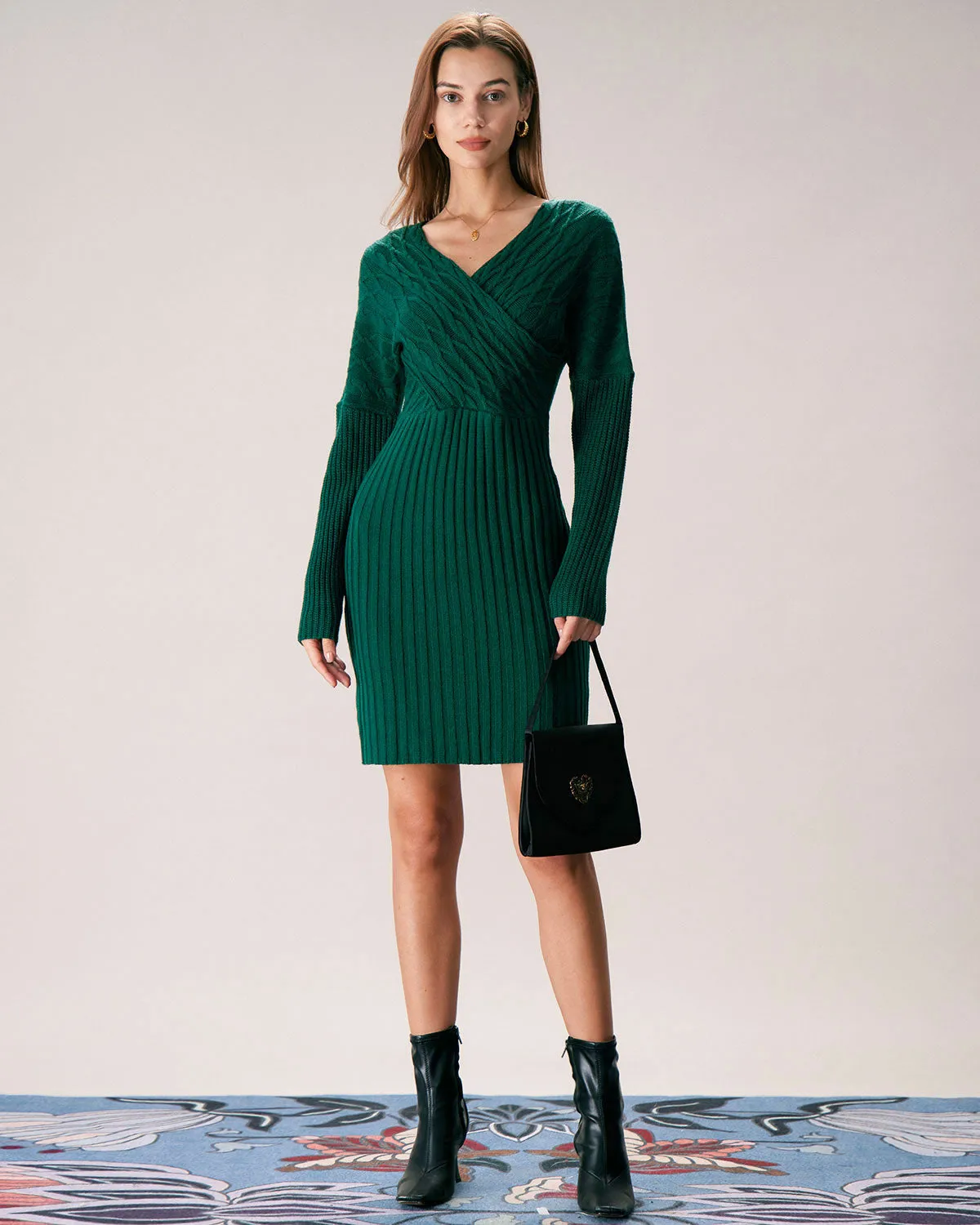 The Green V Neck Wrap Sweater Mini Dress sold by rihoas product image thumbnail 3